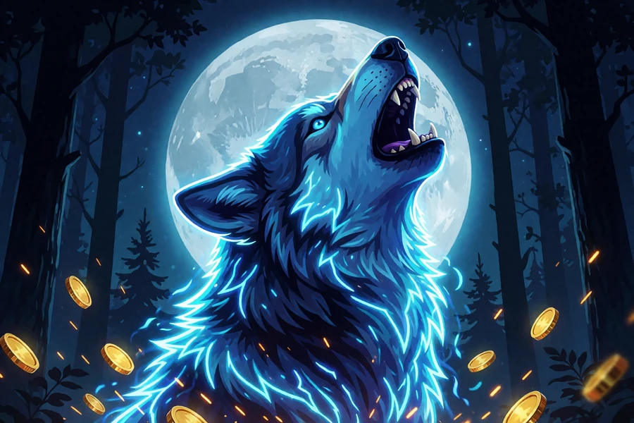 Exklusiver 30Bet Wolf Slot - neonblauer Wolf heult vor Vollmond, nur bei 30bet spielbar