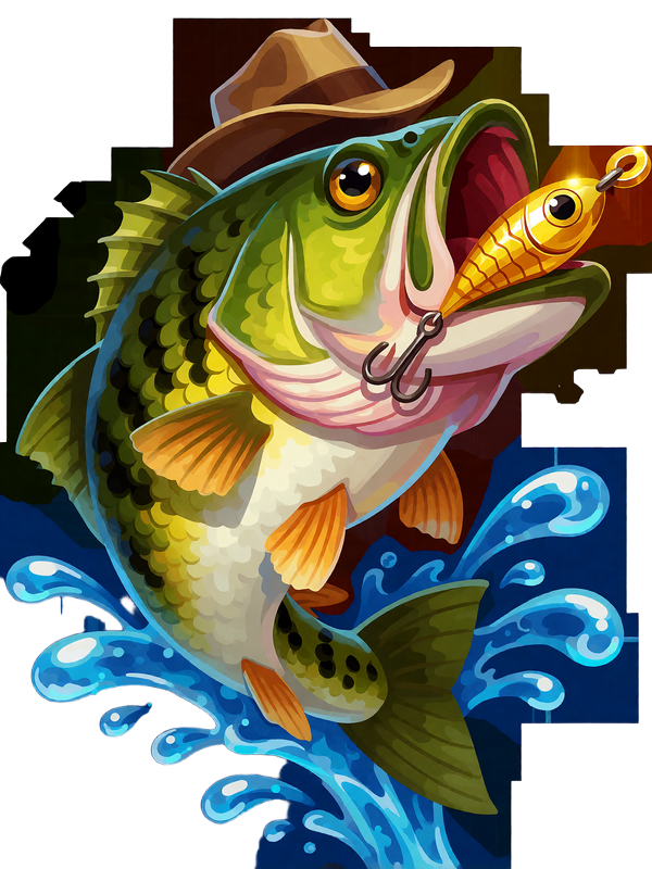 Slot-Artwork Big Bass Bonanza - springender Barsch mit goldenem K&ouml;der bei 30bet