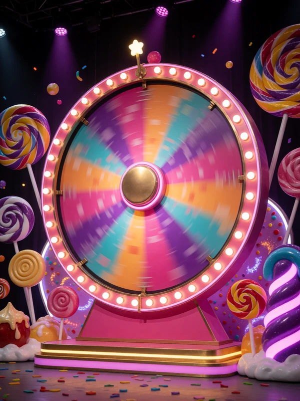 Sweet Bonanza CandyLand Game-Show-Studio mit riesigem Gl&uuml;cksrad und bunter Candy-Dekoration bei 30bet