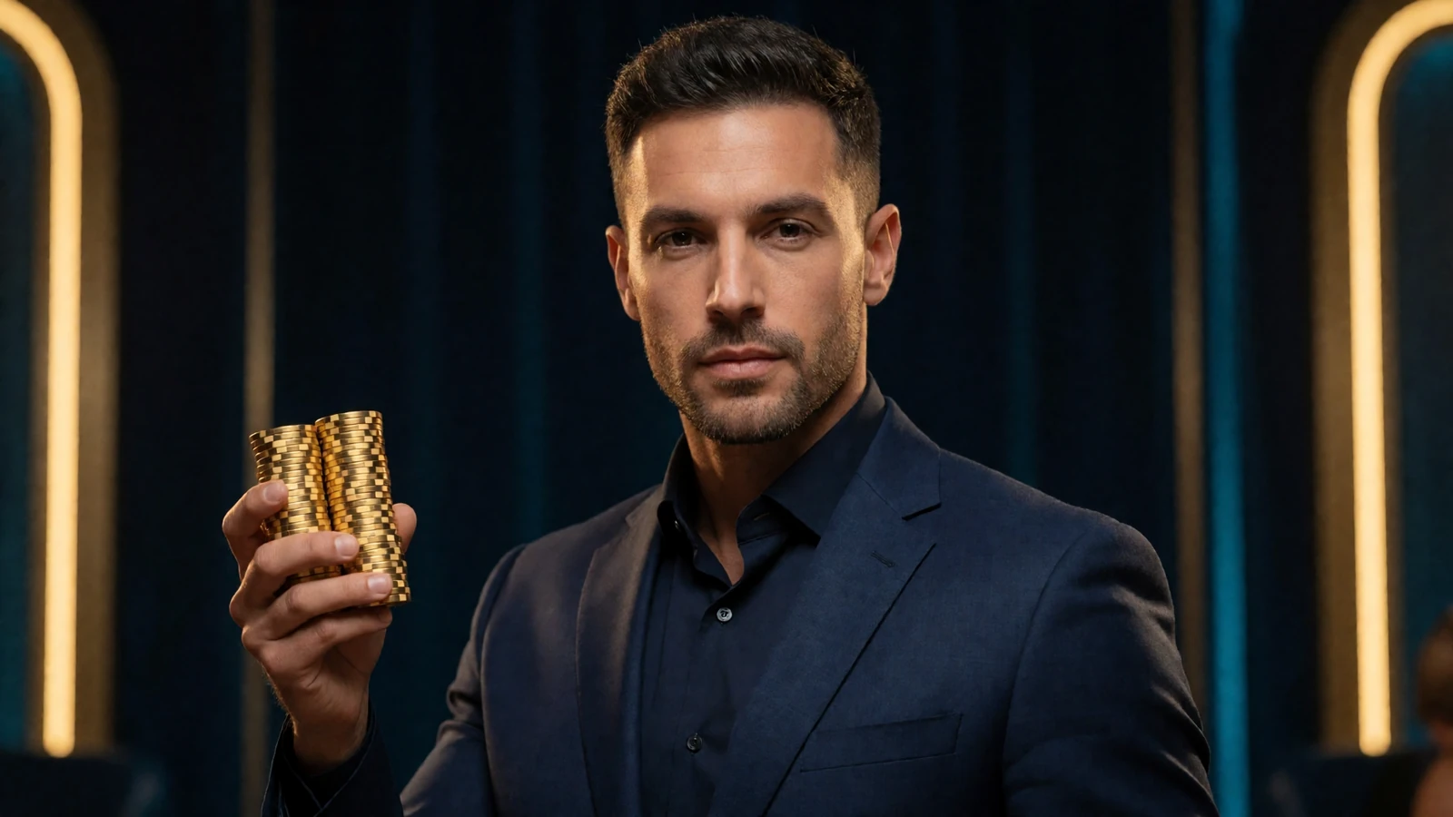 Mann im dunklen Anzug h&auml;lt goldene Casino-Chips in VIP-Lounge - 30bet Online Casino Willkommensbonus