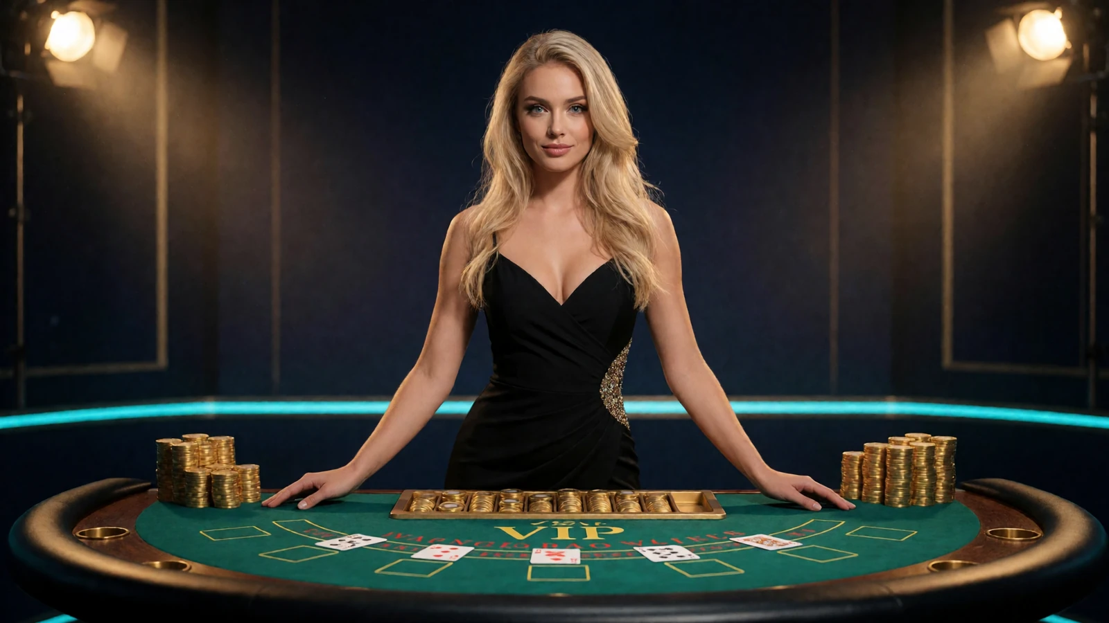 Blonde Live-Dealerin in elegantem schwarzem Kleid hinter einem Blackjack-Tisch im 30bet Live Casino Deutschland