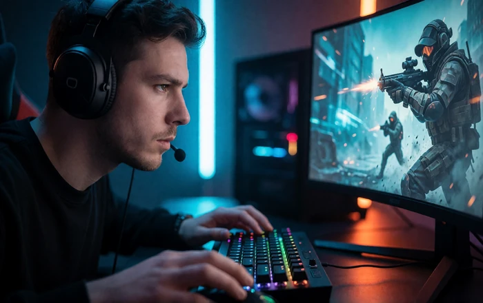 Esports-Spieler mit Headset an neonbeleuchtetem PC-Setup - CS2 und Valorant Wetten bei 30bet