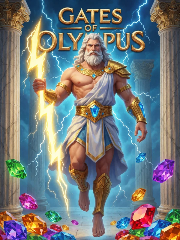 Slot-Cover Gates of Olympus von Pragmatic Play - Zeus mit Blitz &uuml;ber Edelsteinen bei 30bet