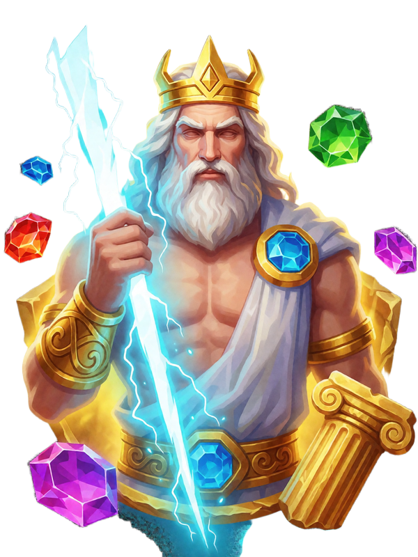 Slot-Artwork Gates of Olympus - Zeus mit Blitz und Edelsteinen bei 30bet