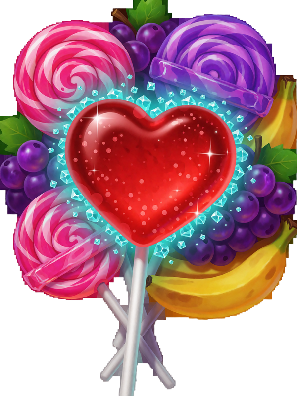 Slot-Artwork Sweet Bonanza - Herzbekricht umgeben von Lutschern und Fr&uuml;chten