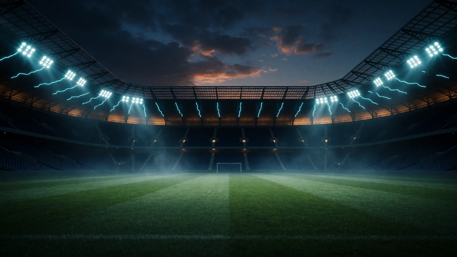 Modernes Fu&szlig;ballstadion in der Abendd&auml;mmerung mit neonbeleuchtetem Rasen - 30bet Sportwetten und Live-Wetten