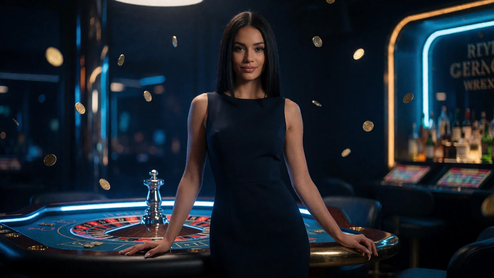 Stilvolle Frau in dunklem Kleid am Roulettetisch in neonblau-goldener Lounge - 30bet Online Casino mit Echtgeld