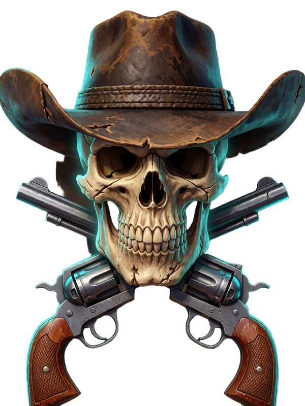 Slot-Artwork Wanted Dead or a Wild - Western-Totenkopf mit Revolvern bei 30bet
