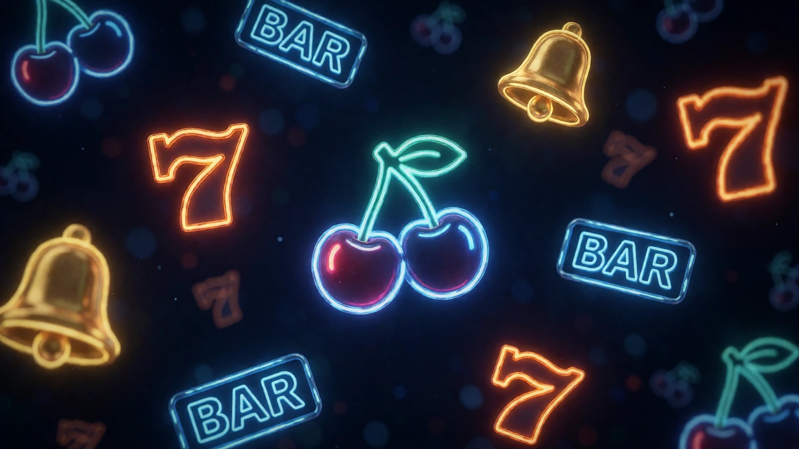 Leuchtende Neon-Slot-Symbole mit Kirschen, Glocken und Siebenen - Slots im Online Casino mit Echtgeld bei 30bet