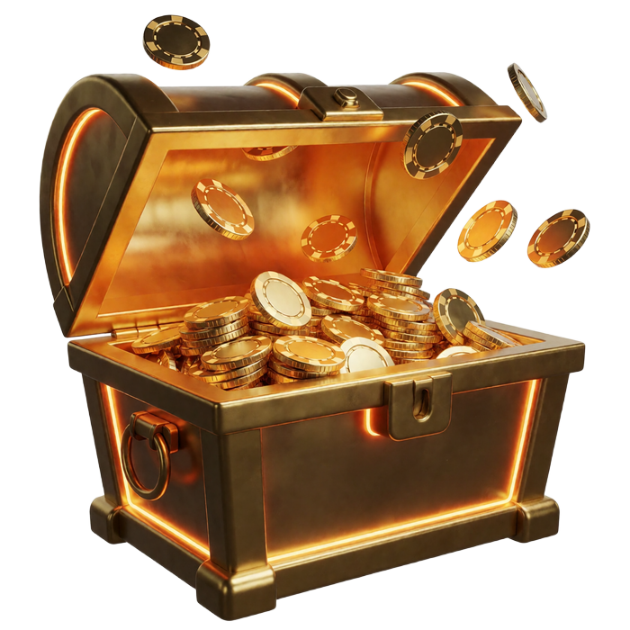 Leuchtende goldene Schatztruhe voller M&uuml;nzen - Symbol f&uuml;r den 30bet Willkommensbonus
