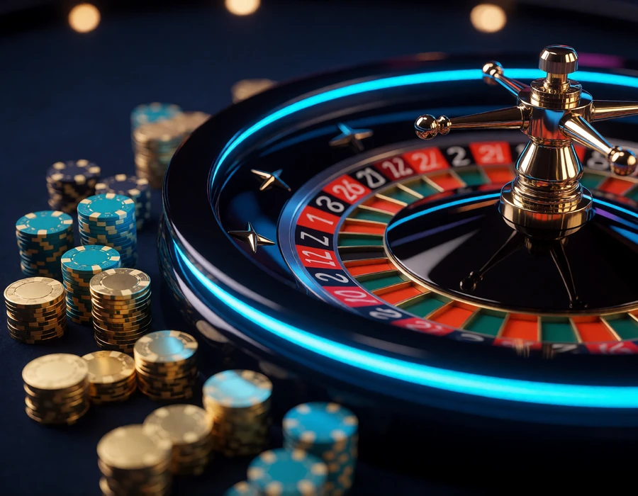 Roulettekessel mit goldenen und cyanfarbenen Jetons unter Neonlicht im 30bet Echtgeld Casino