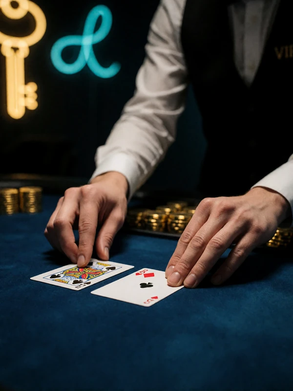 Baccarat-Karten werden auf blauem Filz im VIP-Studio des 30bet Live Casinos ausgeteilt